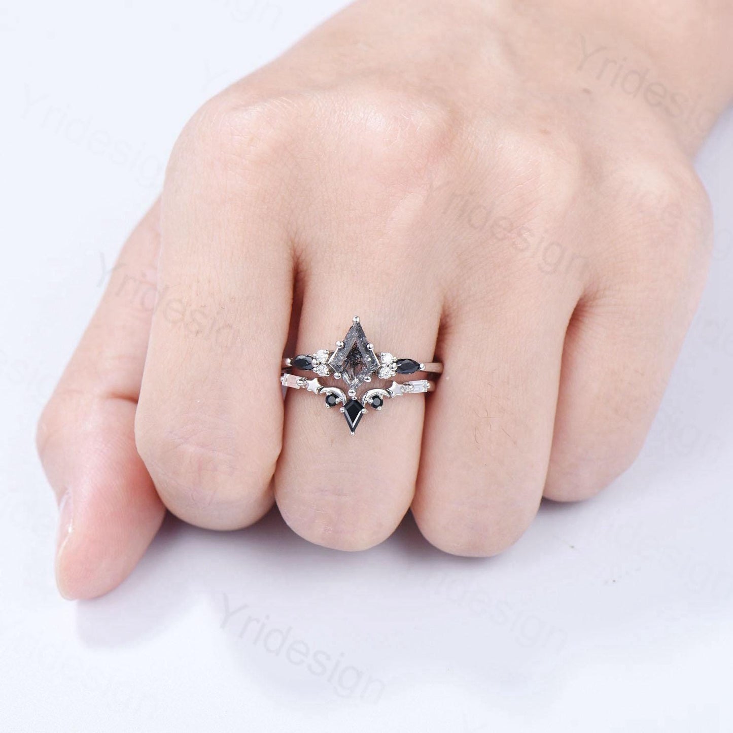 Vintage black rutilated quartz engagement ring kite cut seven stone marquise cut spinel wedding ring moon star anniversary promise ring gift