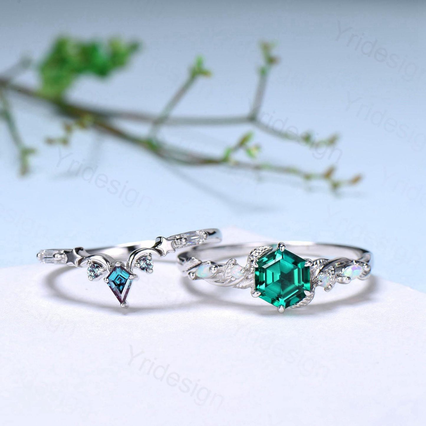 Unique emerald wedding ring set, Nature Inspired opal lab emerald engagement ring set, moon star alexandrite stacking band bridal set women