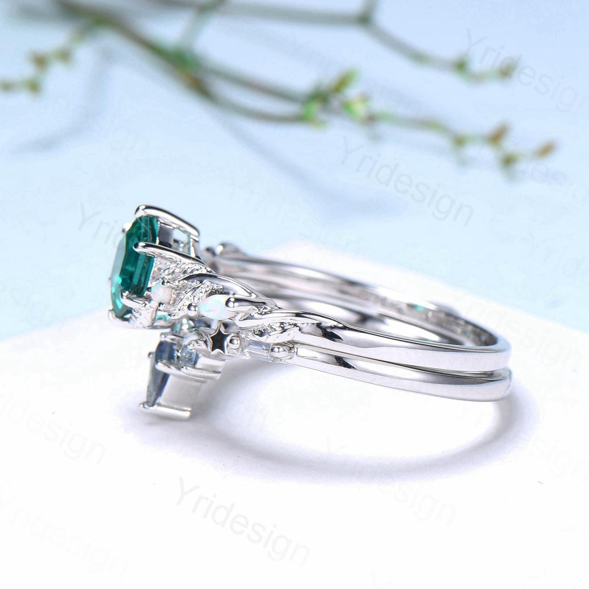 Unique emerald wedding ring set, Nature Inspired opal lab emerald engagement ring set, moon star alexandrite stacking band bridal set women