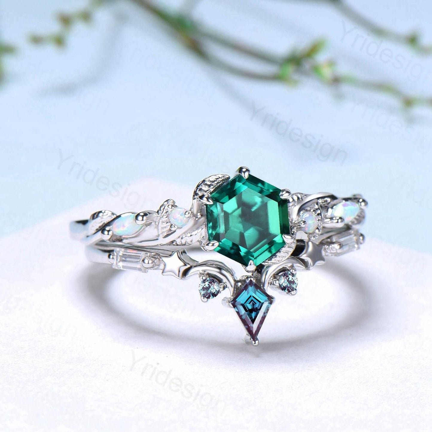 Unique emerald wedding ring set, Nature Inspired opal lab emerald engagement ring set, moon star alexandrite stacking band bridal set women