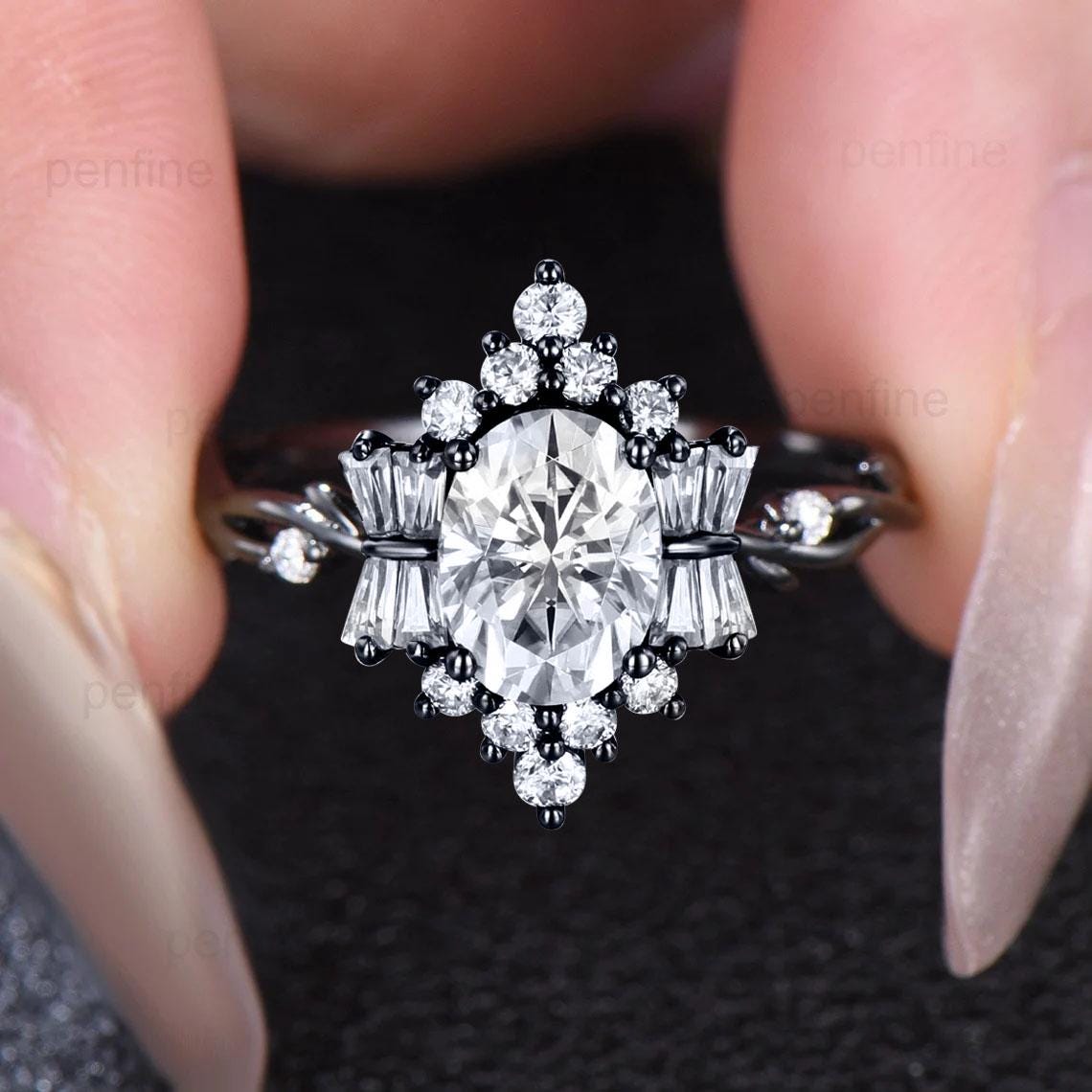 Vintage Black Gold Moissanite Ring Unique Luxury 1.5Carat Oval Moissanite Engagement Ring Art Deco Wedding Ring Unique Twig Anniversary Gift