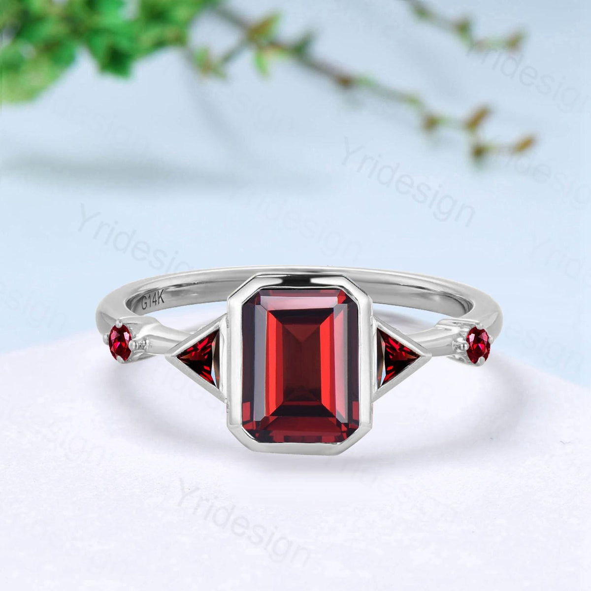 Unique Bezel Set Emerald Cut Garnet Engagement Ring Art Deco Trillion January Birthstone Wedding Ring Wedding Bridal Promise Gift for Women