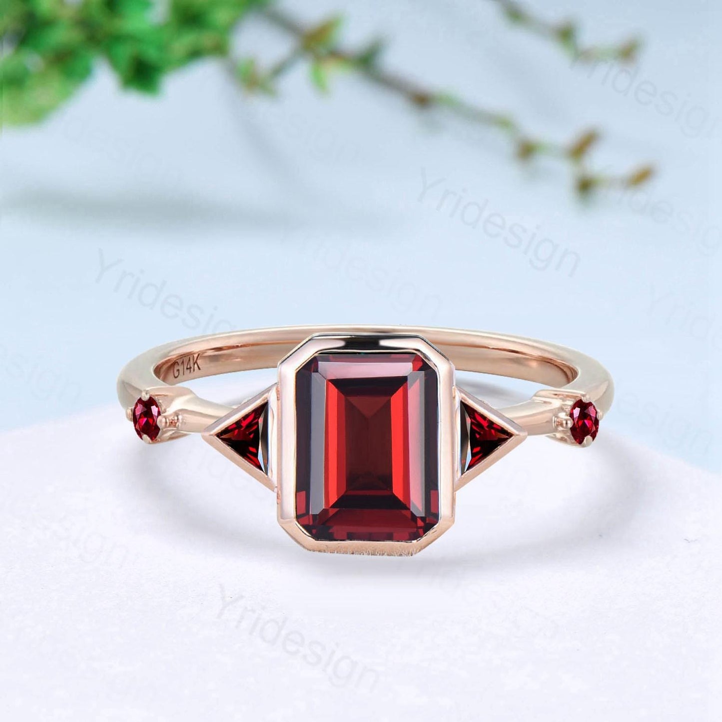 Unique Bezel Set Emerald Cut Garnet Engagement Ring Art Deco Trillion January Birthstone Wedding Ring Wedding Bridal Promise Gift for Women