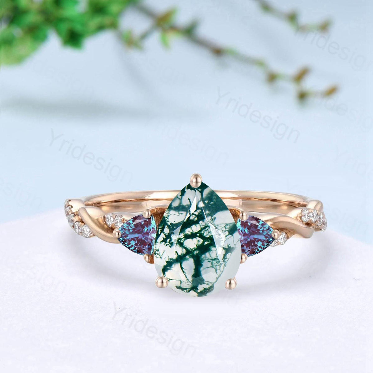 Unique pear shaped green moss agate engagement ring cluster trillion alexandrite wedding ring art deco twist infinity band anniversary ring