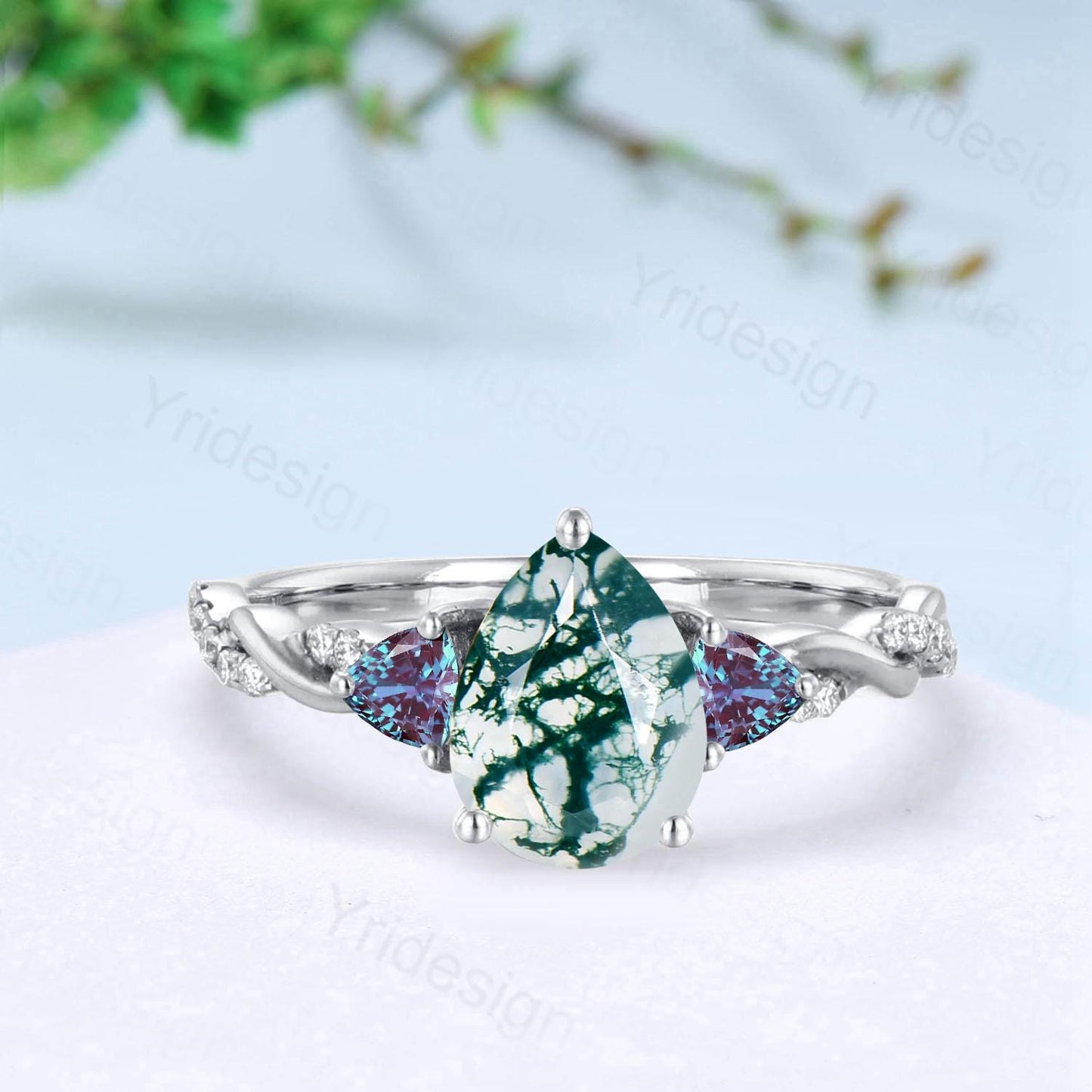 Unique pear shaped green moss agate engagement ring cluster trillion alexandrite wedding ring art deco twist infinity band anniversary ring