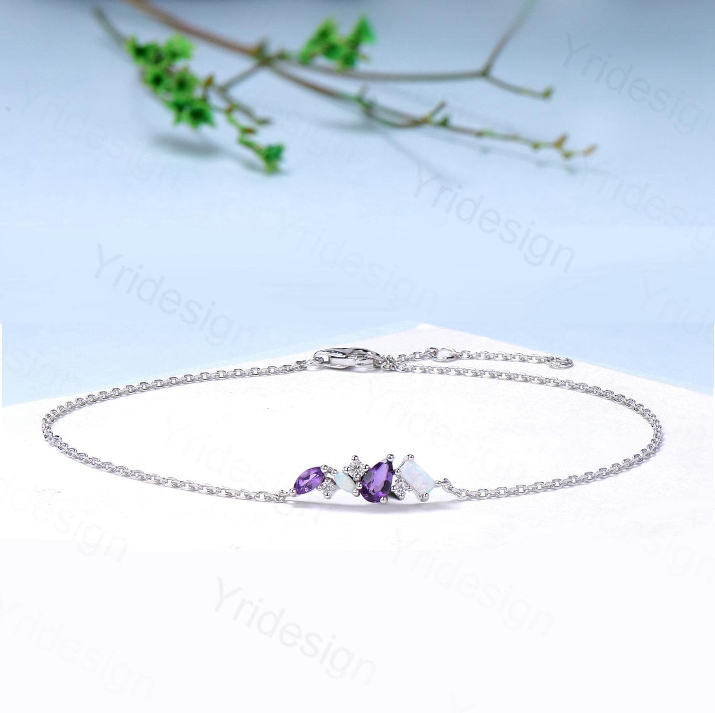 Dainty Pear Shaped Amethyst Bracelet Multi-Stone Baguette Opal Moissanite Lobster Claw Bracelet Silver White Gold Art Deco Anniversary Gift