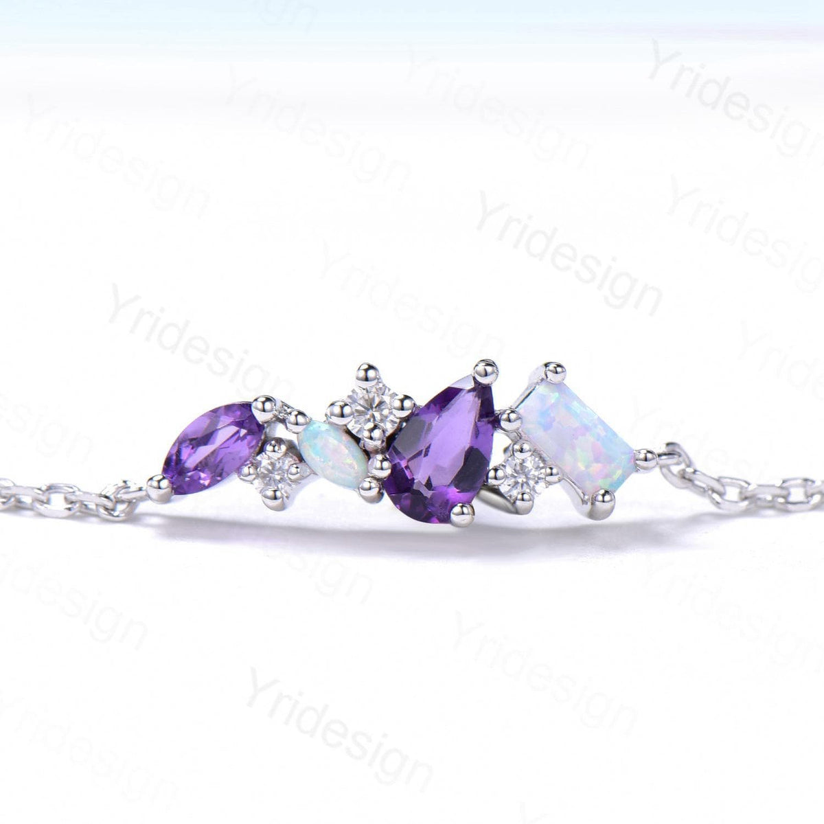 Dainty Pear Shaped Amethyst Bracelet Multi-Stone Baguette Opal Moissanite Lobster Claw Bracelet Silver White Gold Art Deco Anniversary Gift