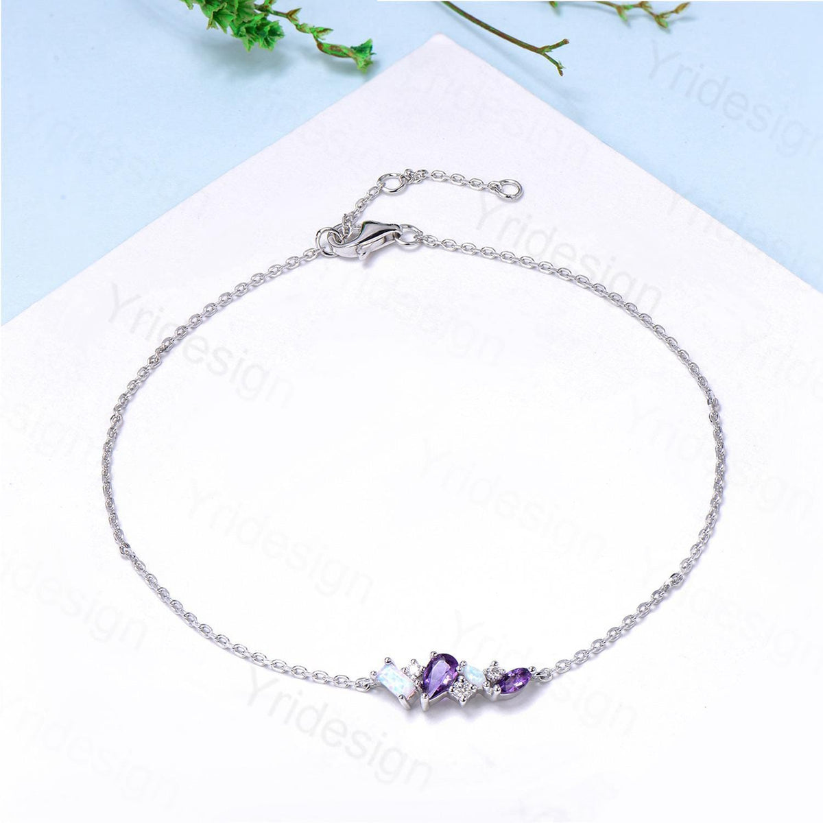 Dainty Pear Shaped Amethyst Bracelet Multi-Stone Baguette Opal Moissanite Lobster Claw Bracelet Silver White Gold Art Deco Anniversary Gift