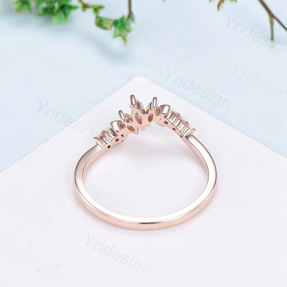 Unique Opal wedding Band Marquise 14k white gold fire opal moon wedding ring Art Deco curved stacking marching band Anniversary gift for her