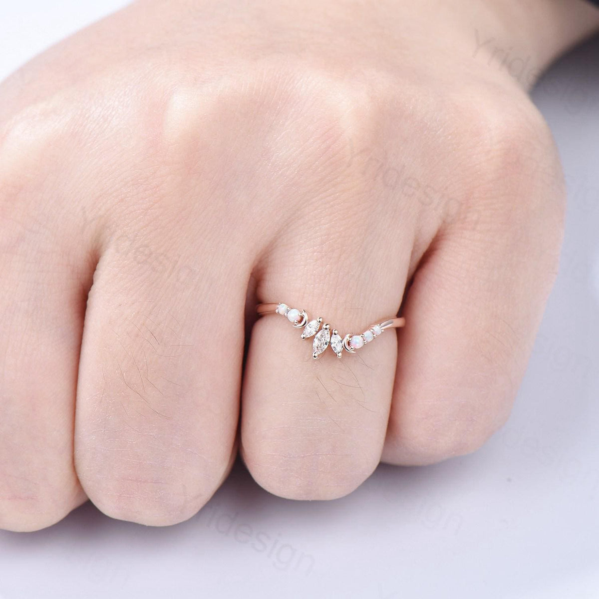 Unique Opal wedding Band Marquise 14k white gold fire opal moon wedding ring Art Deco curved stacking marching band Anniversary gift for her