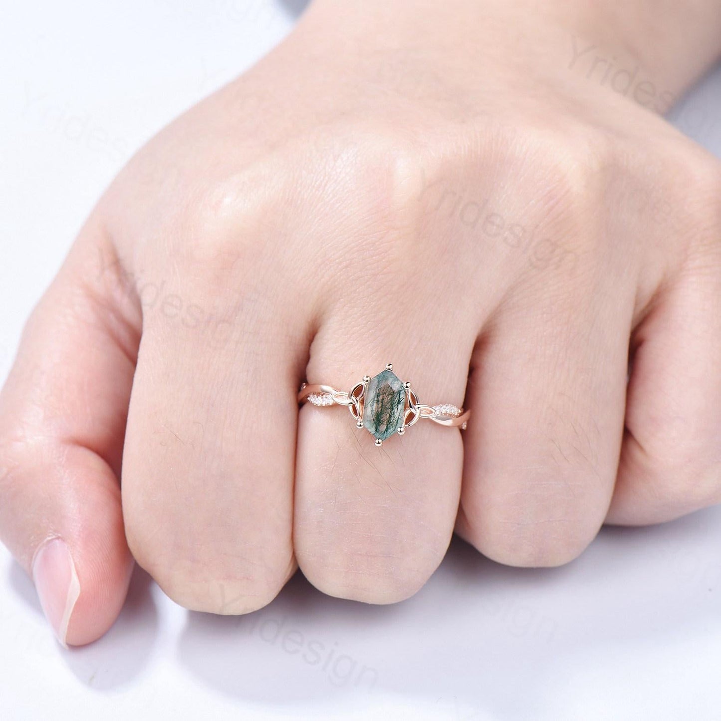 Rose Gold Norse Viking long hexagon moss agate engagement ring 3/4 eternity twisted infinity moissanite/diamond band wedding ring for women