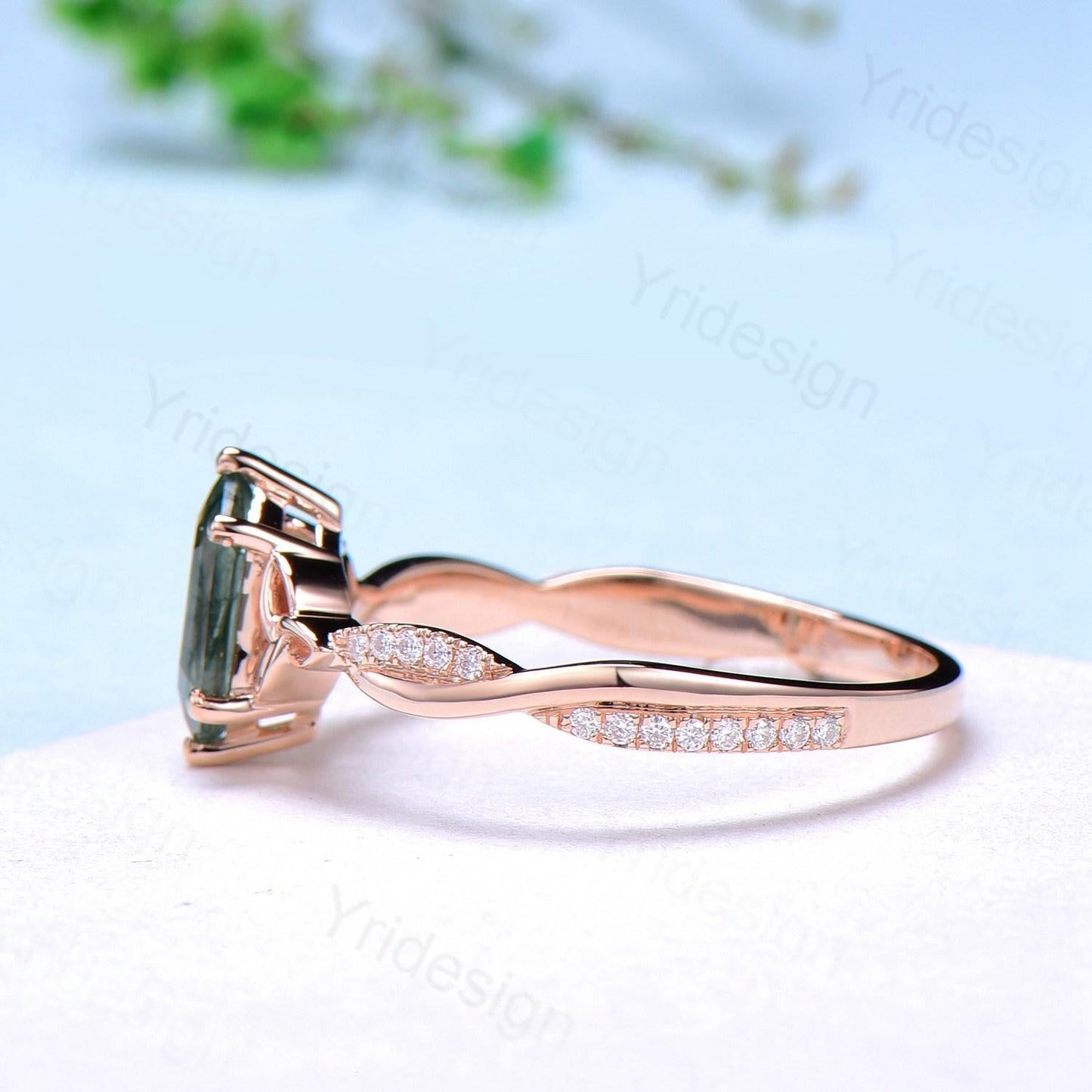Rose Gold Norse Viking long hexagon moss agate engagement ring 3/4 eternity twisted infinity moissanite/diamond band wedding ring for women