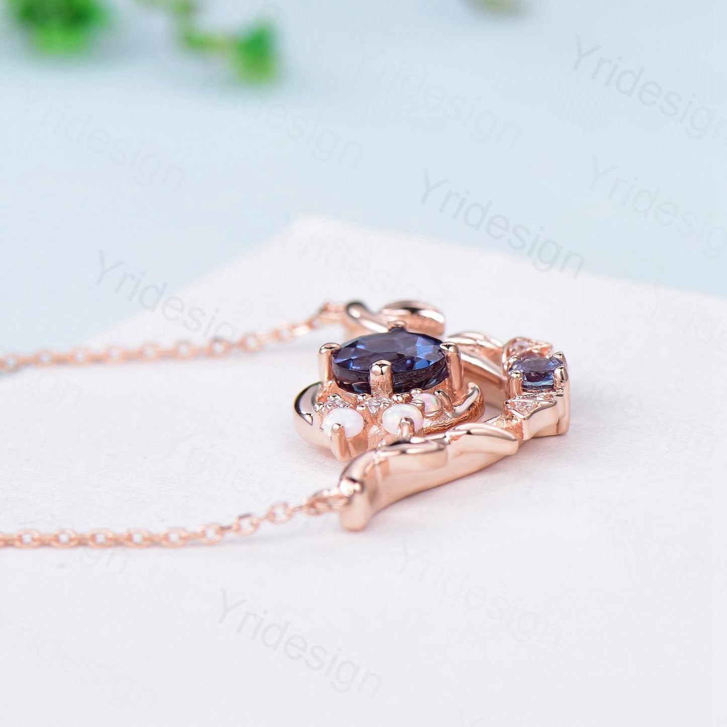 Unique Gothic Pendant Necklace Night Moon Bat Alexandrite Necklace Magic Crescent Moon Leaf Branch Necklace Halloween Anniversary gift Women