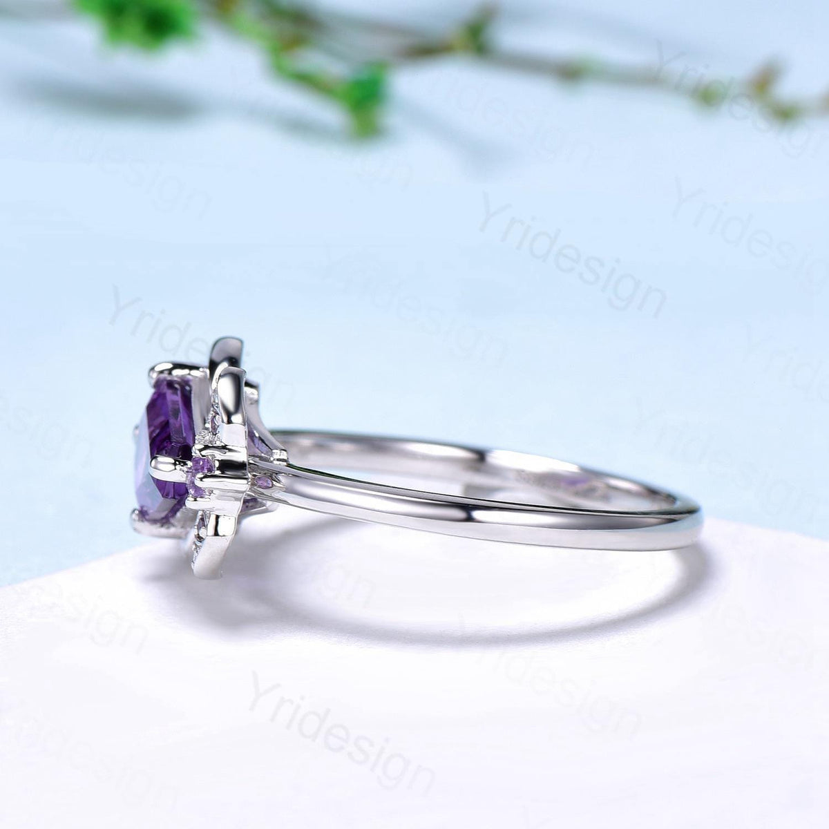 Unique Coffin Shape Amethyst Ring Marquise Purple Crystal Shield Shape Gothic Engagement Ring Vintage Handmade Bat Proposal Gifts for Women