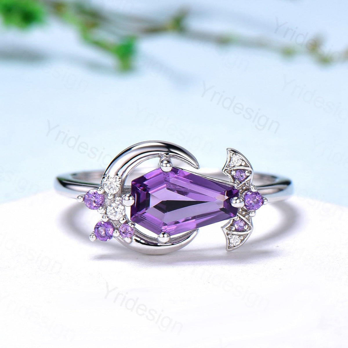Unique Coffin Shape Amethyst Ring Marquise Purple Crystal Shield Shape Gothic Engagement Ring Vintage Handmade Bat Proposal Gifts for Women
