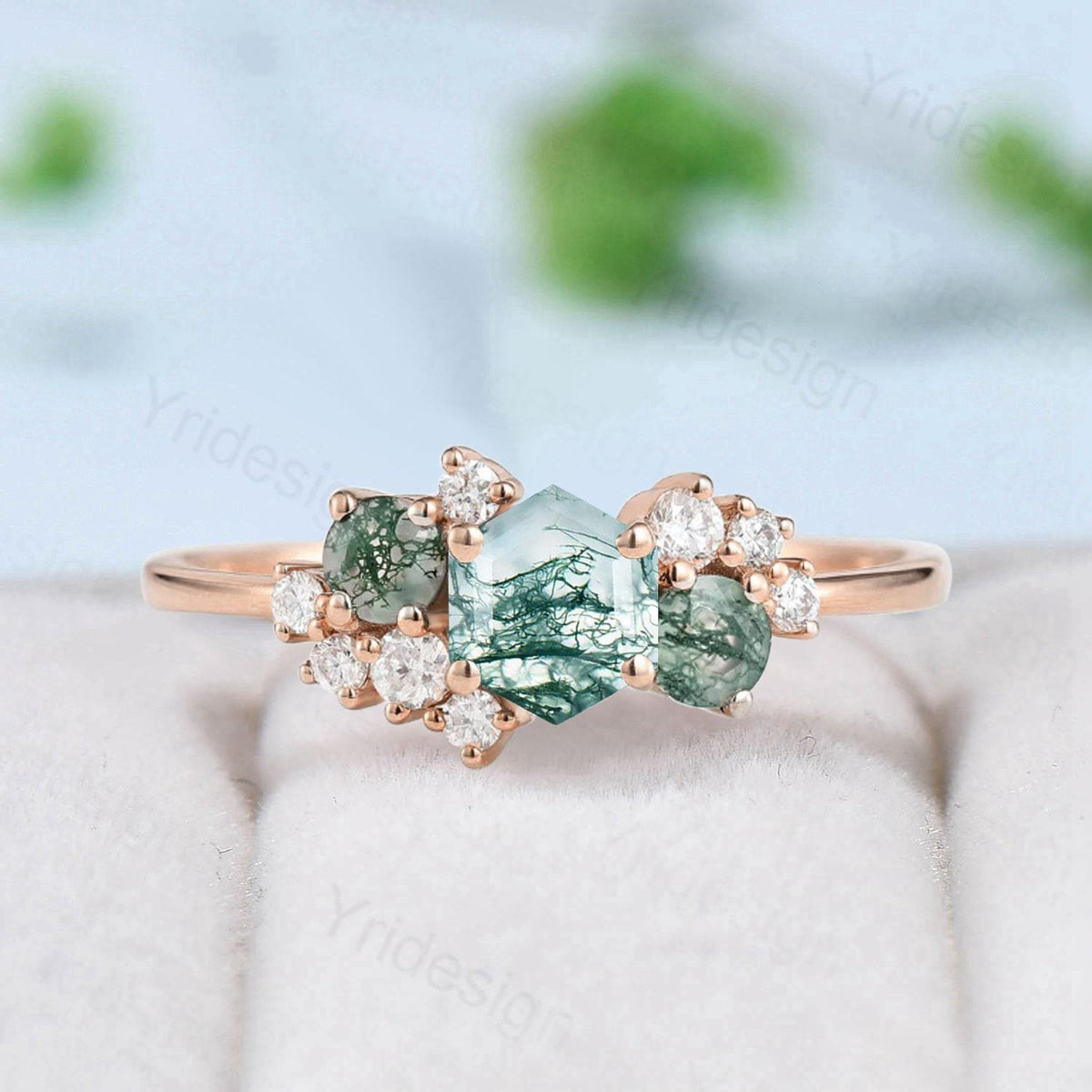 Hexagon Cut Green Moss Agate Engagement Ring Silver Rose Gold 14K/18K Unique Cluster Agate Moissanite Wedding Bridal Ring Anniversary Gifts