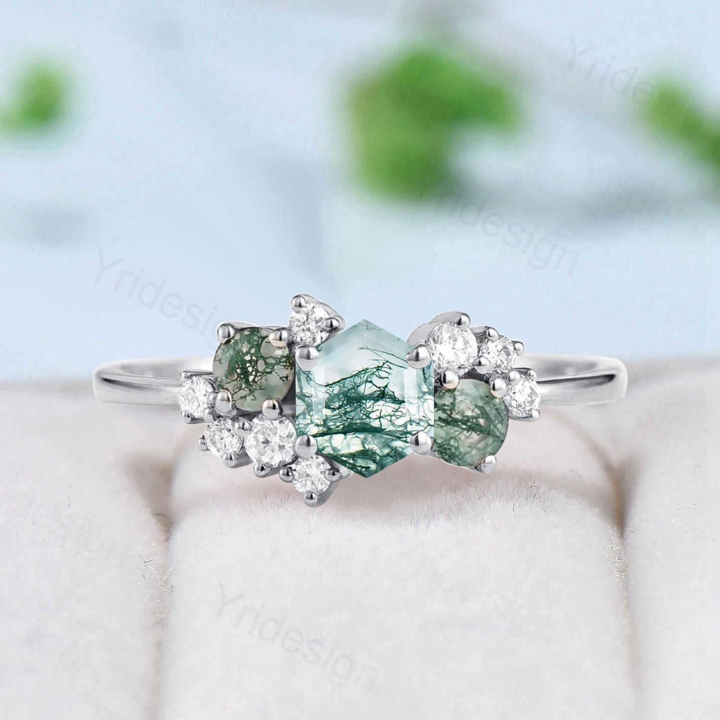Hexagon Cut Green Moss Agate Engagement Ring Silver Rose Gold 14K/18K Unique Cluster Agate Moissanite Wedding Bridal Ring Anniversary Gifts