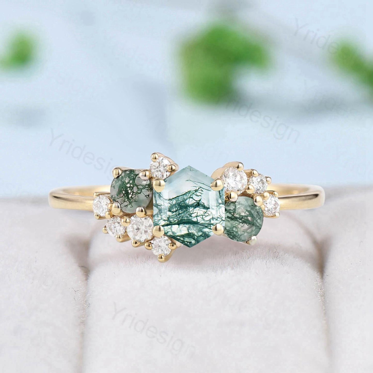 Hexagon Cut Green Moss Agate Engagement Ring Silver Rose Gold 14K/18K Unique Cluster Agate Moissanite Wedding Bridal Ring Anniversary Gifts