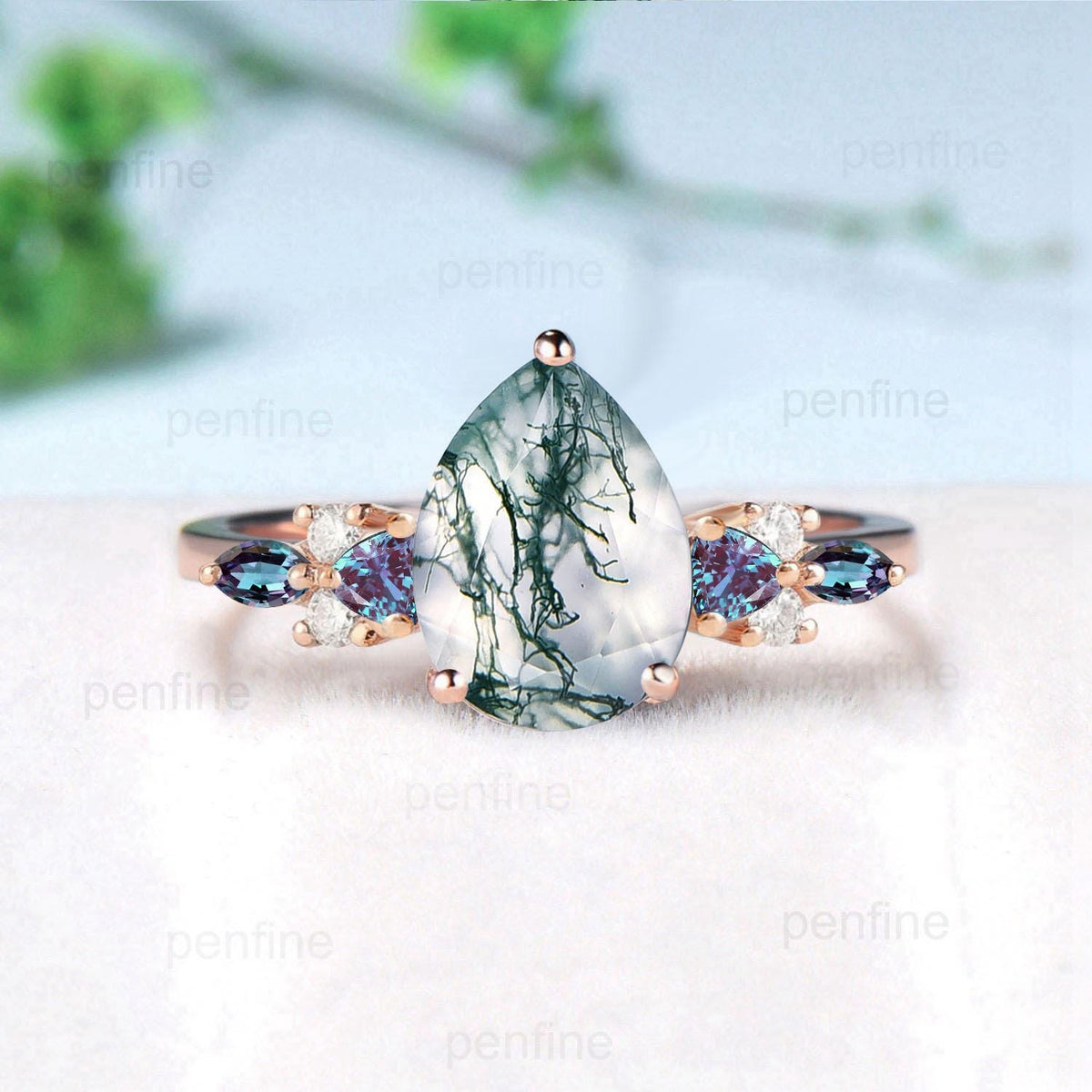 Vintage pear shaped green moss agate engagement ring cluster trillion alexandrite band wedding ring art deco green gemstone anniversary ring