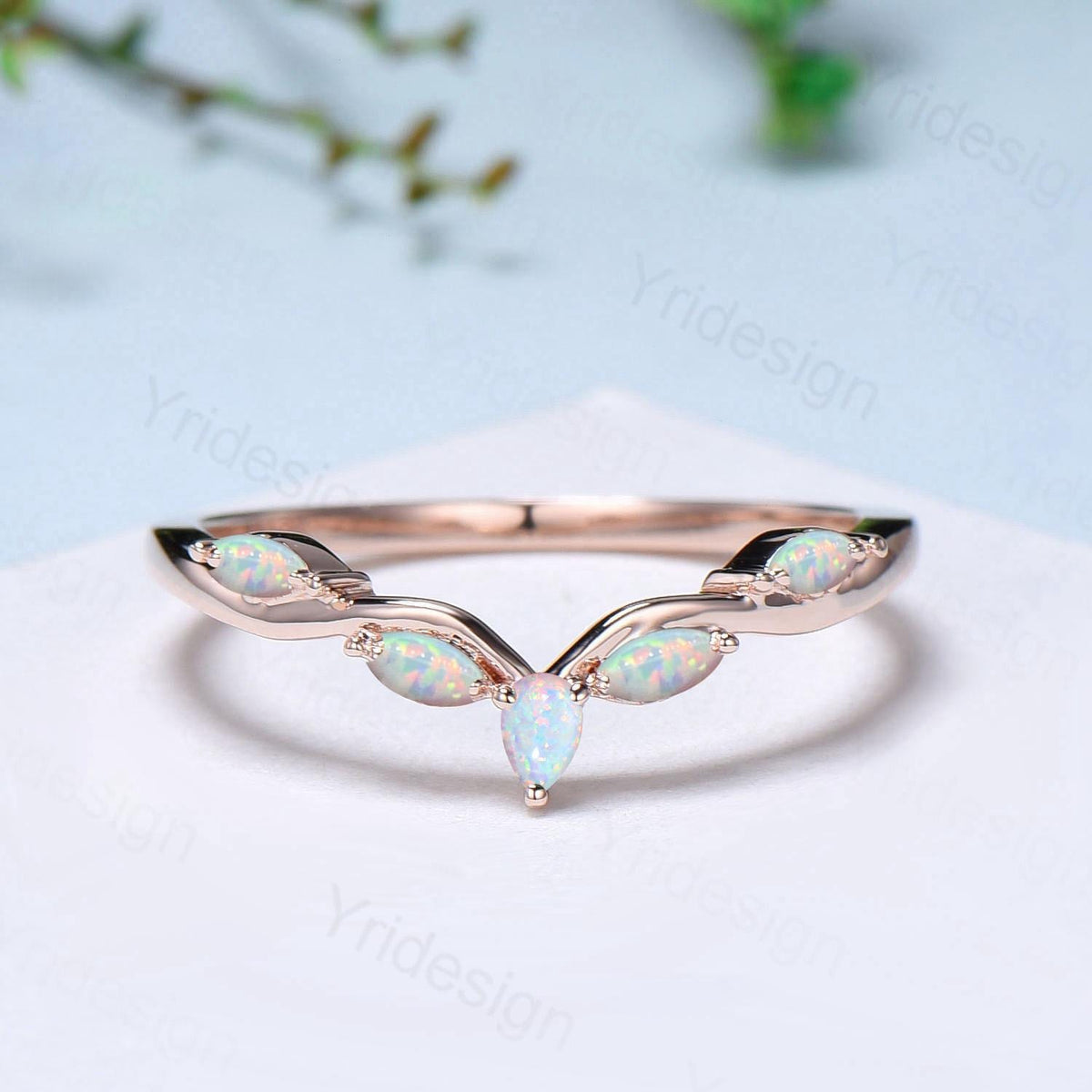 Pear Shaped And Marquise Opal Wedding Band 14K Rose Gold Snowdrift White Opal Stacking Wedding Ring October Birthstone Band Anniversary gift