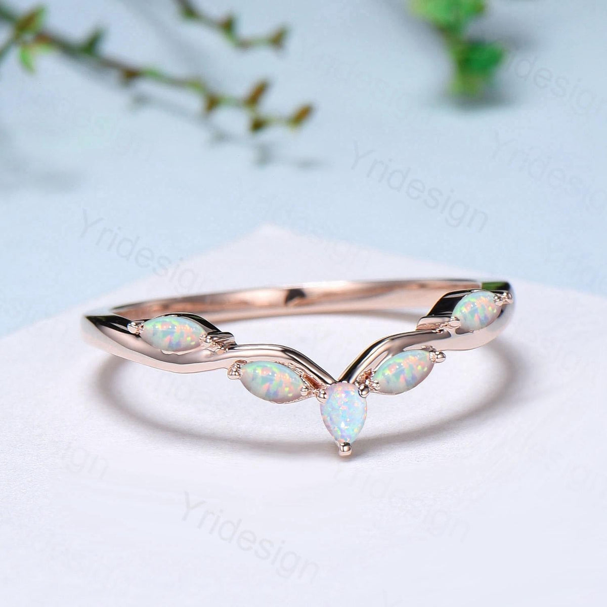 Pear Shaped And Marquise Opal Wedding Band 14K Rose Gold Snowdrift White Opal Stacking Wedding Ring October Birthstone Band Anniversary gift