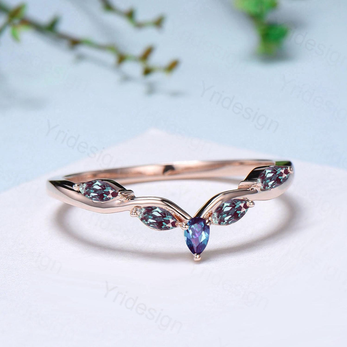 Pear Shaped And Marquise Alexandrite Wedding Band 14K Rose Gold Snowdrift Color cahnge Stone Stacking Matching Wedding Ring Anniversary gift