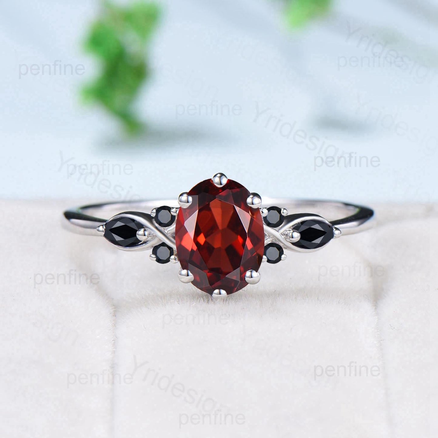 Vintage oval garnet engagement ring set 14k/18k white gold twisted unique black spinel wedding ring set art deco anniversary gift bridal set