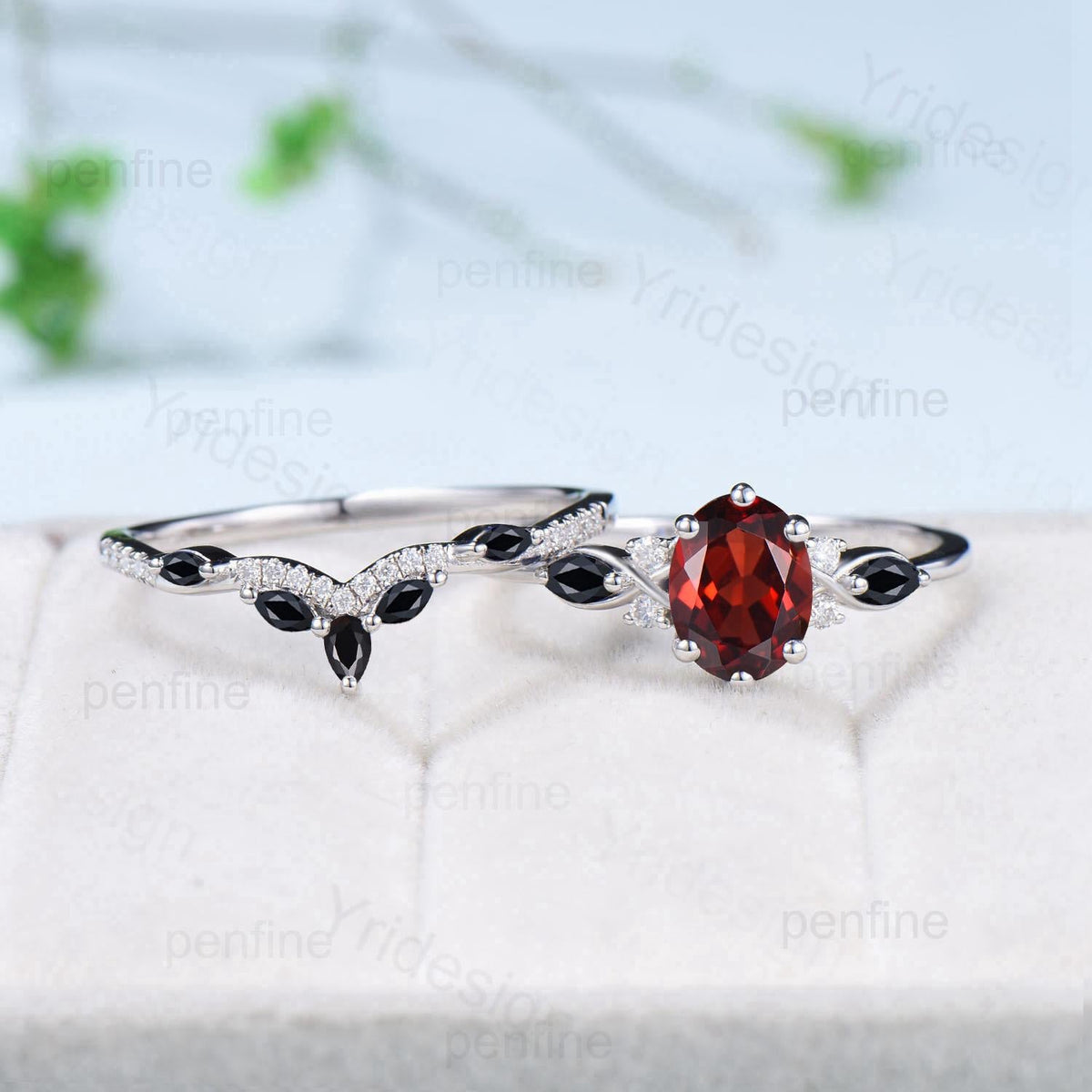Vintage oval garnet engagement ring set 14k/18k white gold twisted unique black spinel wedding ring set art deco anniversary gift bridal set