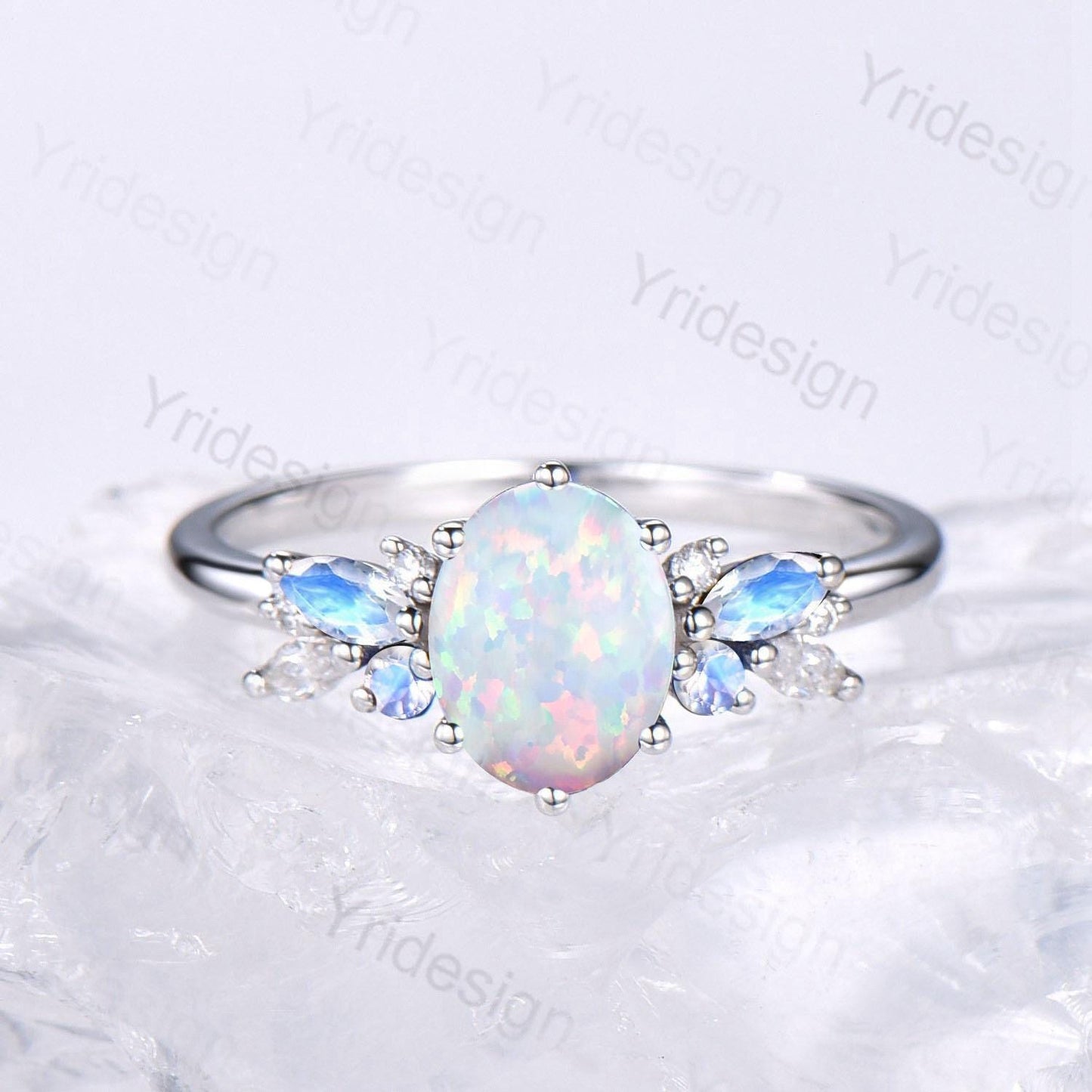 Unique White Opal Engagement Ring Set, 14k White Gold Moonstone Opal Birthstone Wedding Set, Leaf Amethyst Promise Stacking Band Bridal Set
