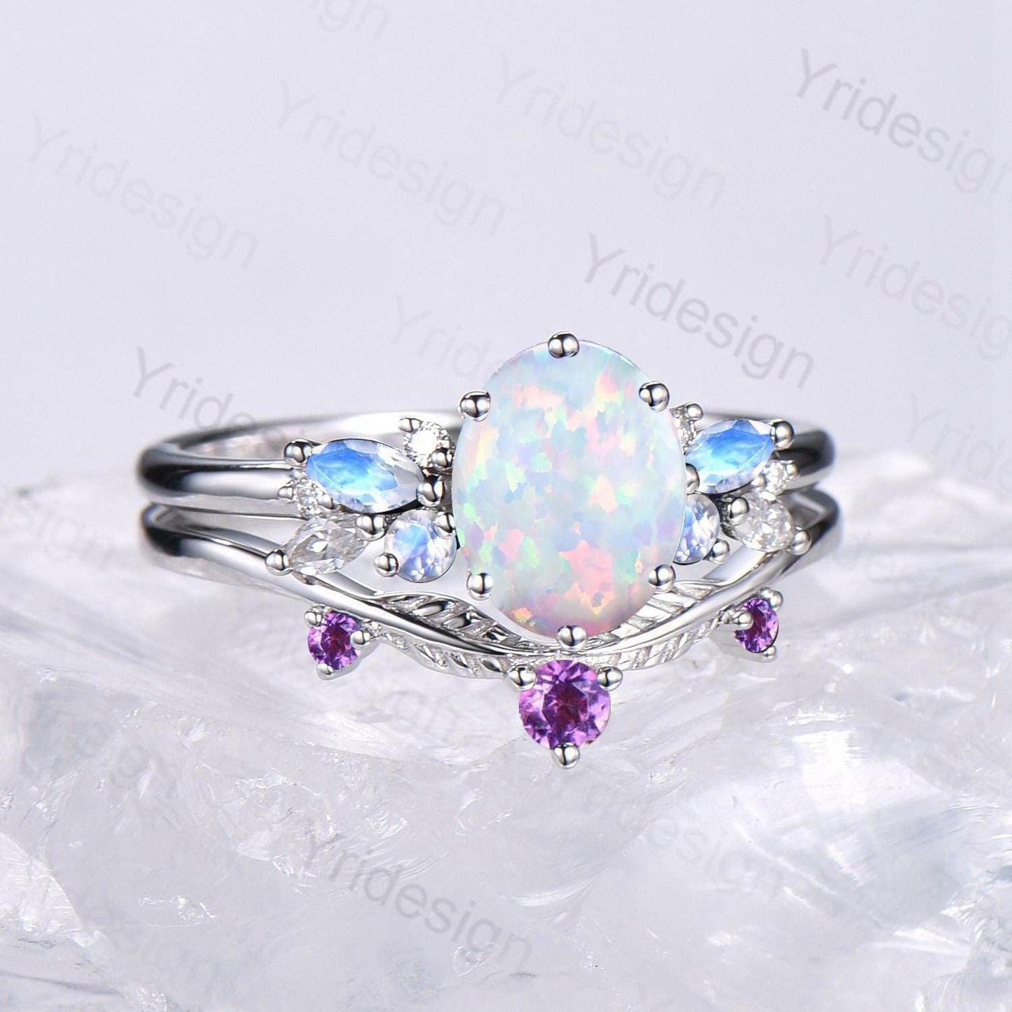 Unique White Opal Engagement Ring Set, 14k White Gold Moonstone Opal Birthstone Wedding Set, Leaf Amethyst Promise Stacking Band Bridal Set