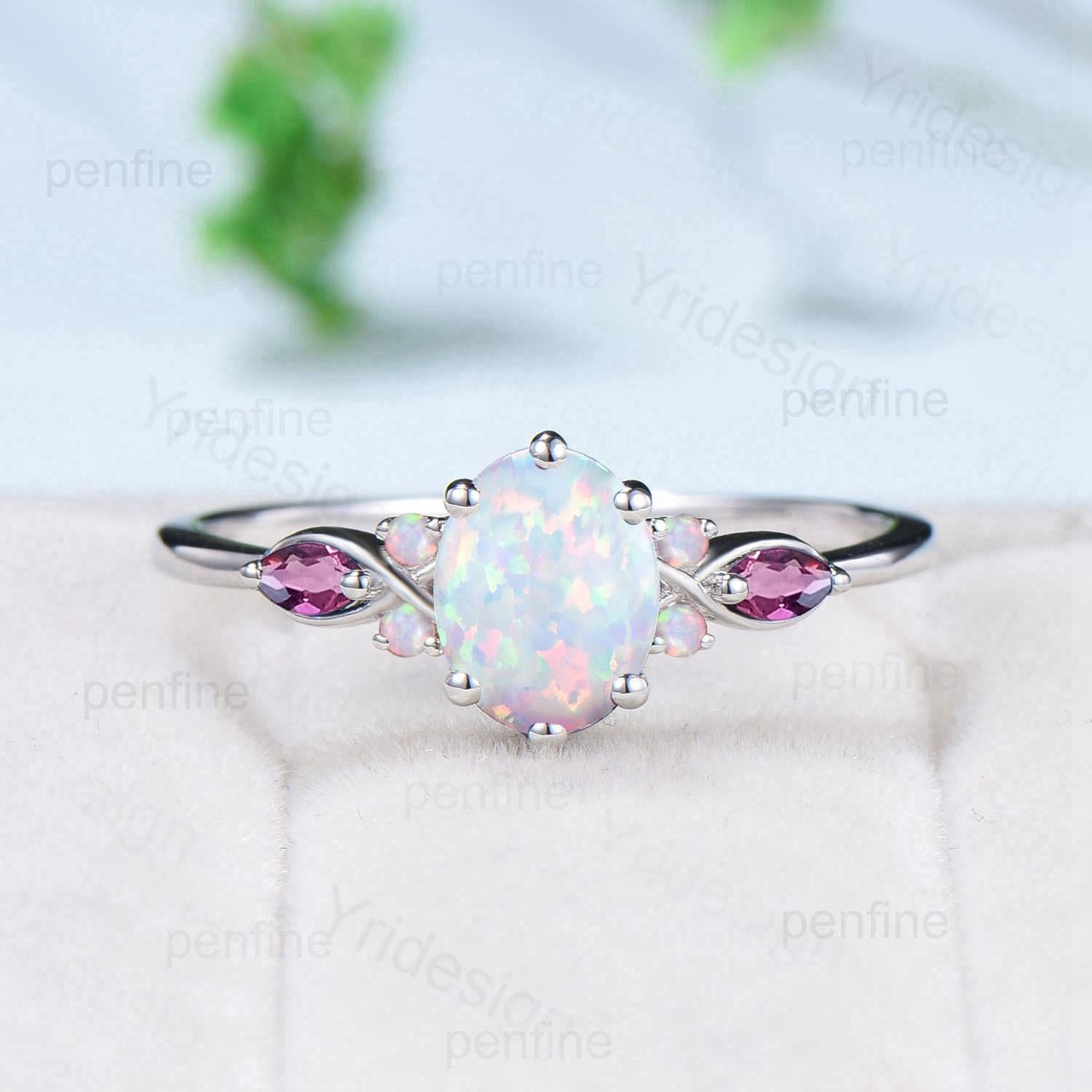Vintage oval opal engagement ring set 14k white gold twisted unique fire opal amethyst wedding ring set art deco anniversary gift bridal set