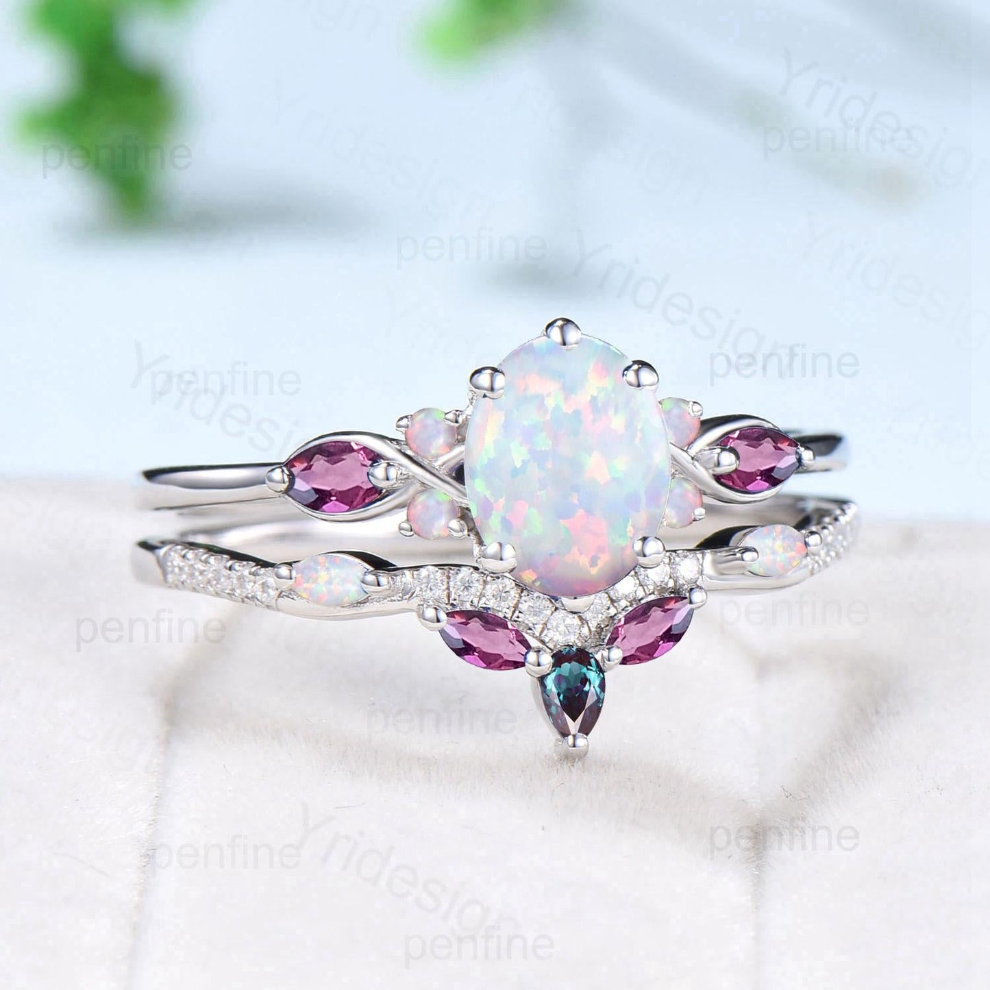 Vintage oval opal engagement ring set 14k white gold twisted unique fire opal amethyst wedding ring set art deco anniversary gift bridal set