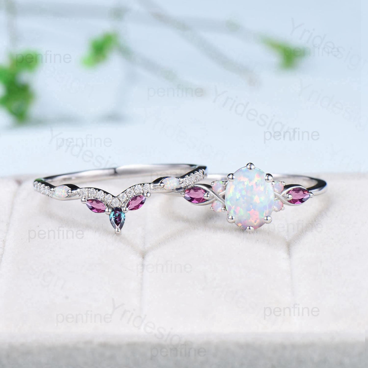 Vintage oval opal engagement ring set 14k white gold twisted unique fire opal amethyst wedding ring set art deco anniversary gift bridal set