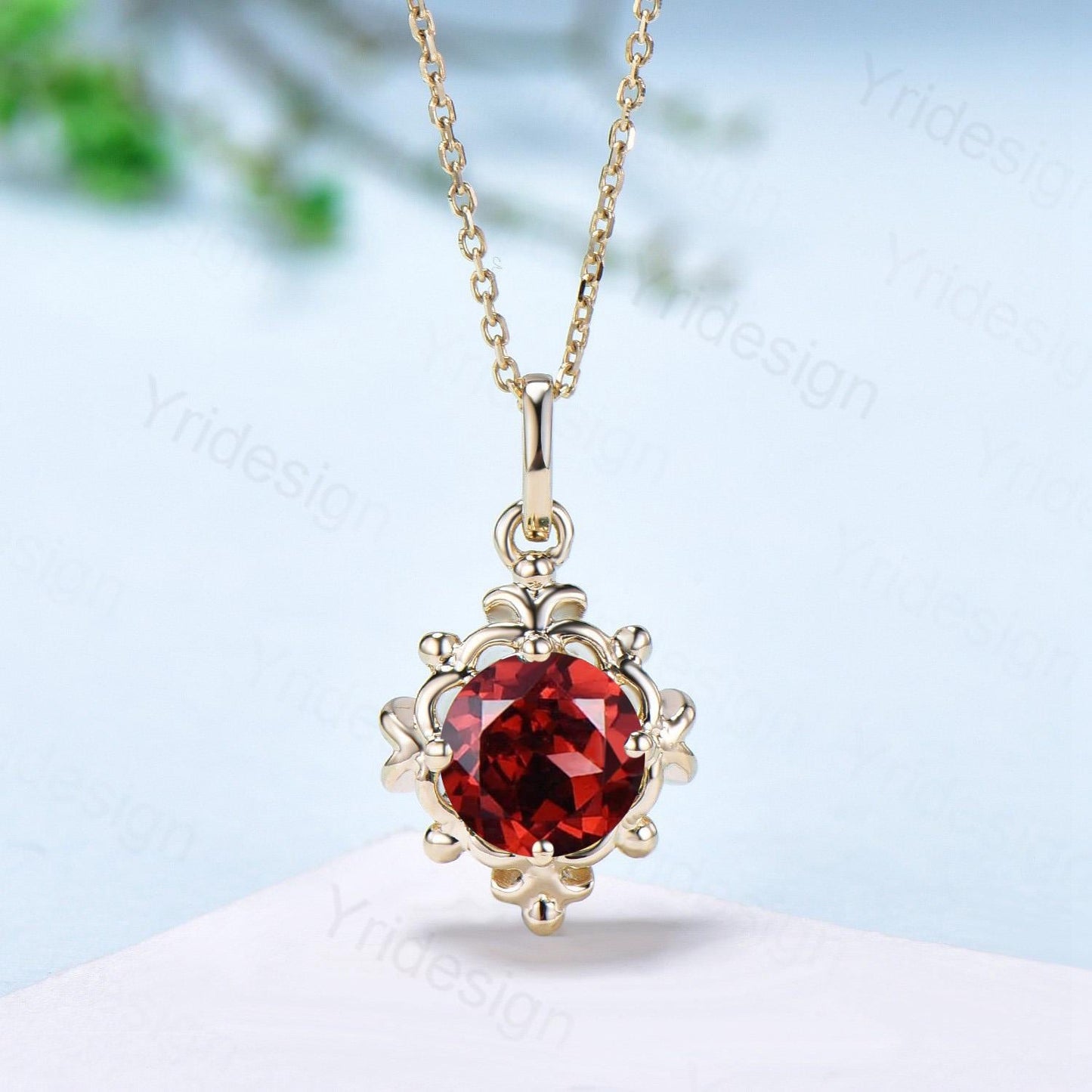 Unique Garnet Pendant Necklace Magic Crescent Moon Round January Birthstone Necklace Floral Retro Vintage Pendant Anniversary gift for women
