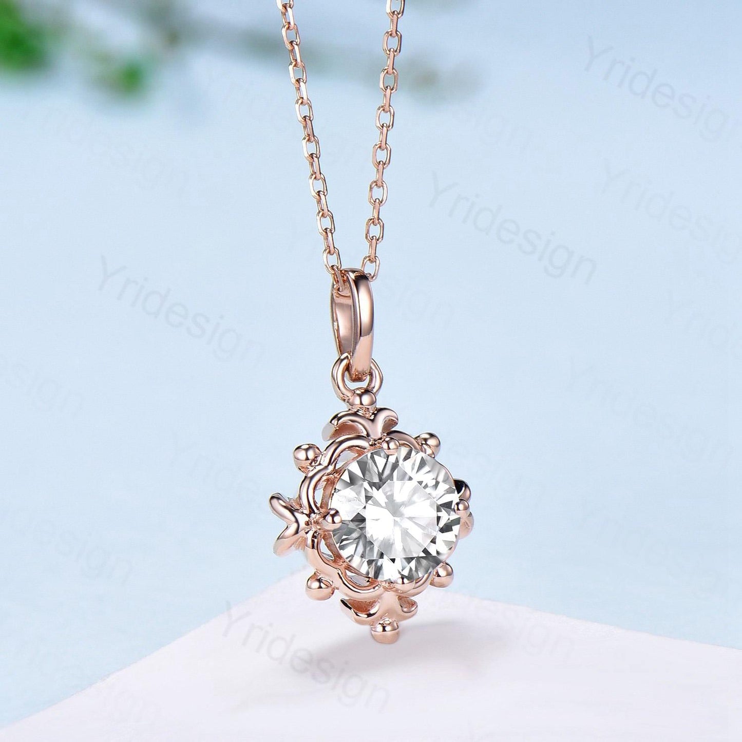 Unique Moissanite Pendant Necklace Magic Crescent Moon Round Lab Grown Diamond Necklace Floral Retro Vintage Pendant Anniversary gift women
