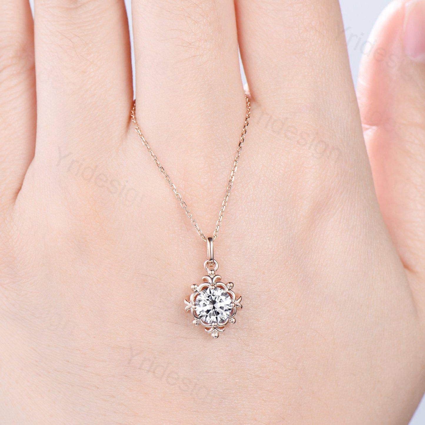 Unique Moissanite Pendant Necklace Magic Crescent Moon Round Lab Grown Diamond Necklace Floral Retro Vintage Pendant Anniversary gift women