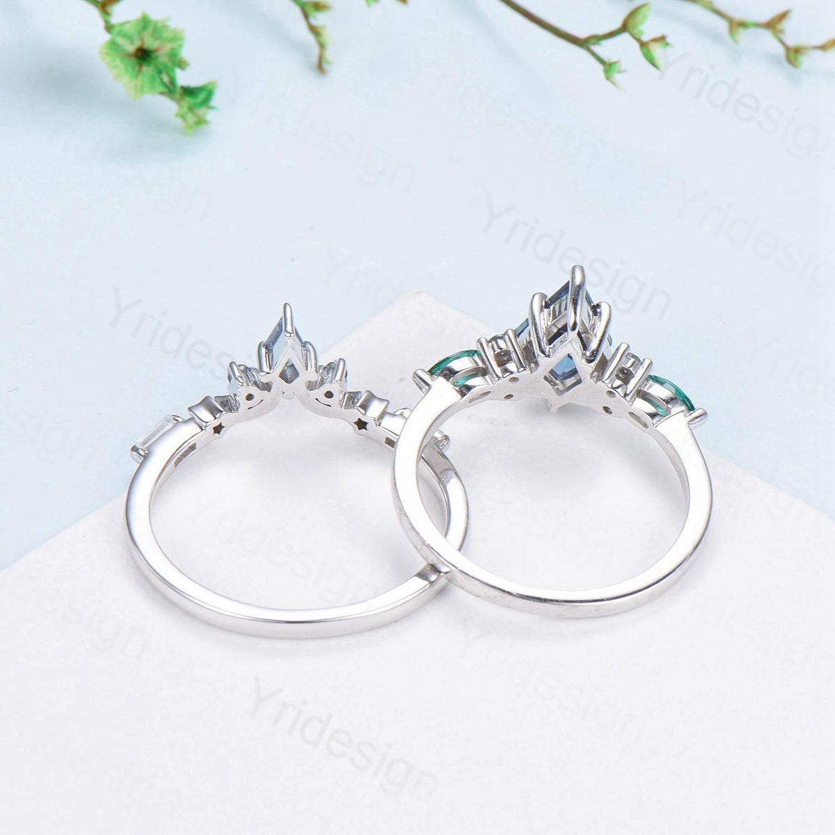 Unique kite cut moss agate ring natural green agate moon star engagement ring moissanite gold bridal wedding set handmade anniversary gift