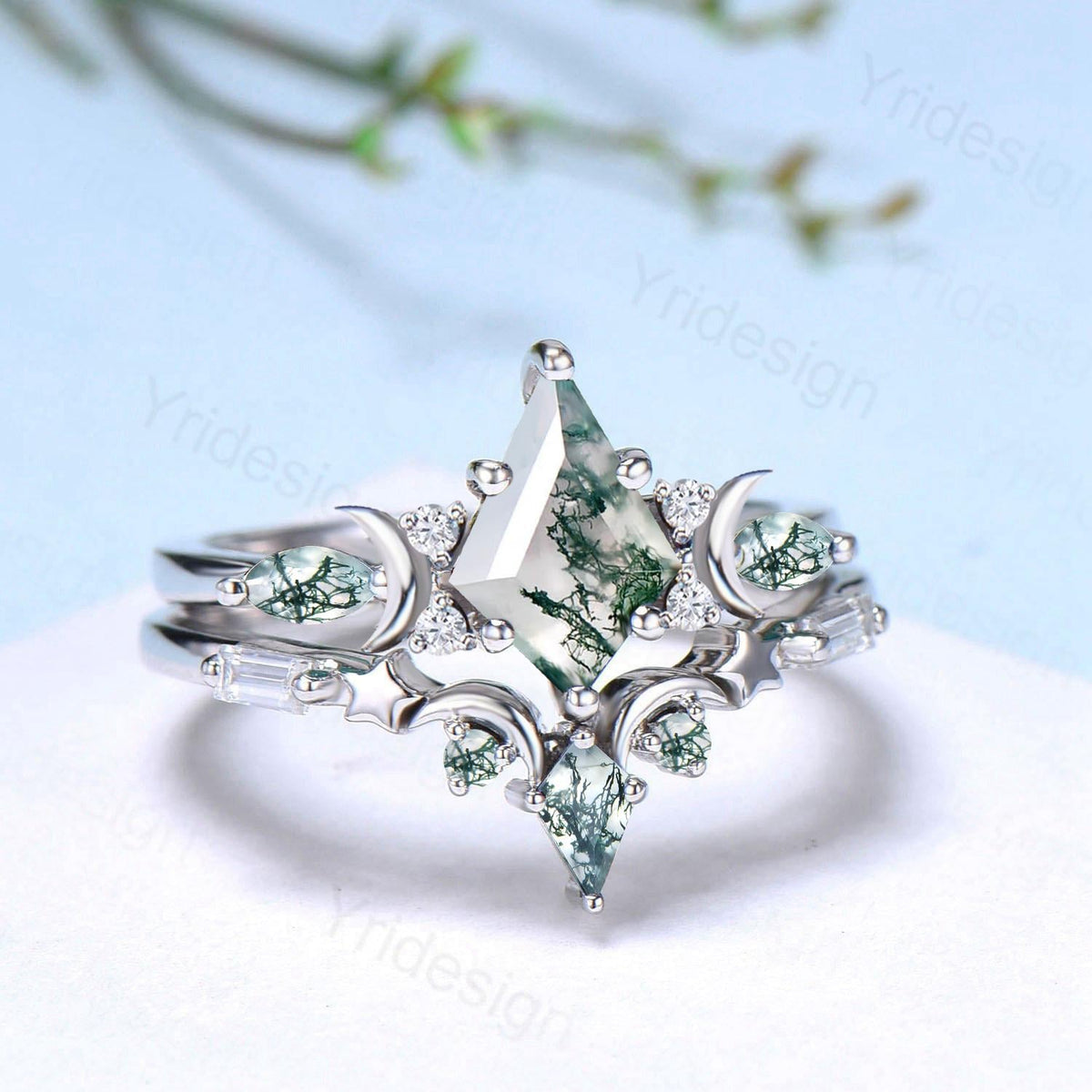 Unique kite cut moss agate ring natural green agate moon star engagement ring moissanite gold bridal wedding set handmade anniversary gift