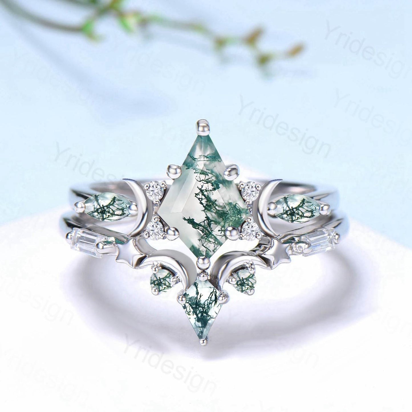 Yellow gold kite cut nature moss agate ring set Unique crescent moon star agate engagement ring Handmade anniversary gift Wedding bridal set