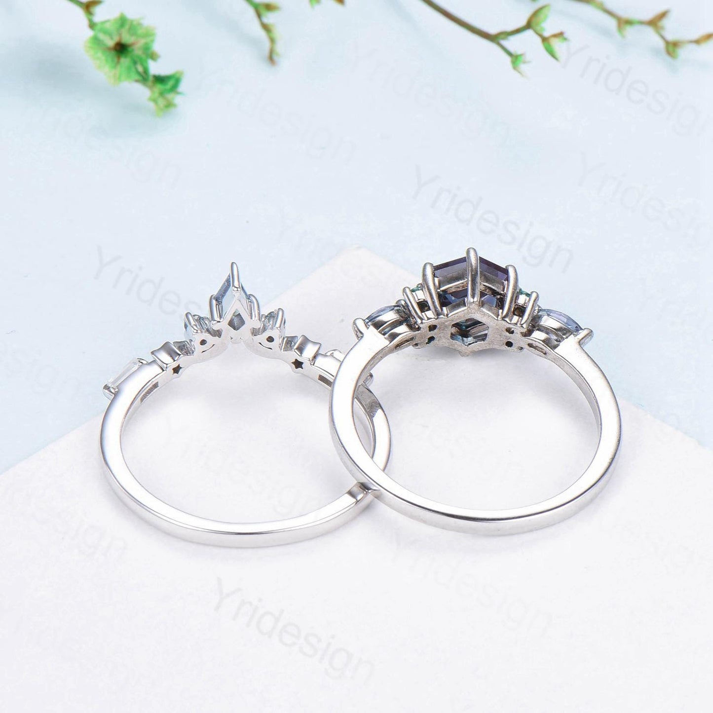 Three Stone Moon Star Moss Agate Ring Set Elegant Hexagon Green Agate Engagement Ring Unique Green Gemstone Wedding Ring Set 2pcs Bridal Set