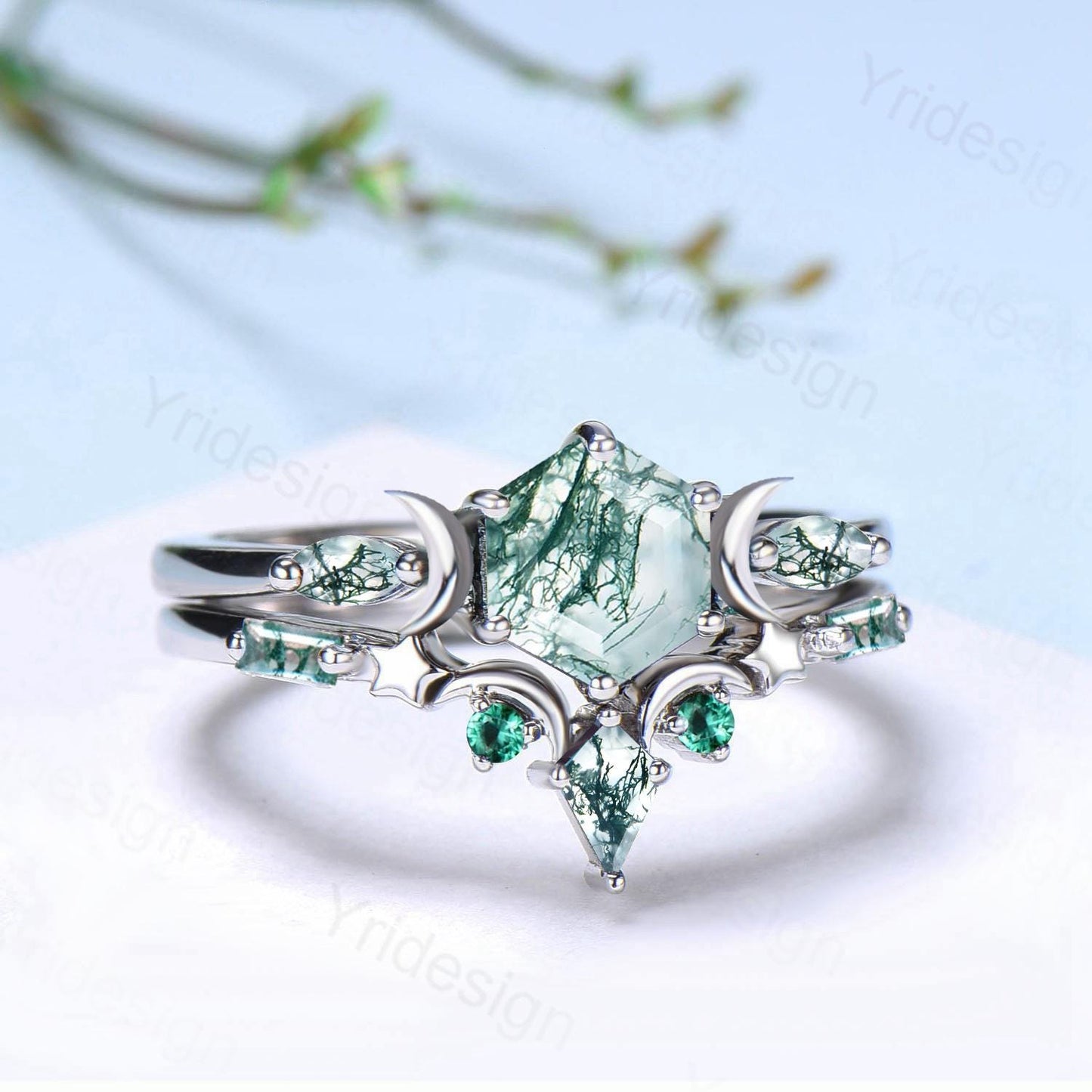 Three Stone Moon Star Moss Agate Ring Set Elegant Hexagon Green Agate Engagement Ring Unique Green Gemstone Wedding Ring Set 2pcs Bridal Set