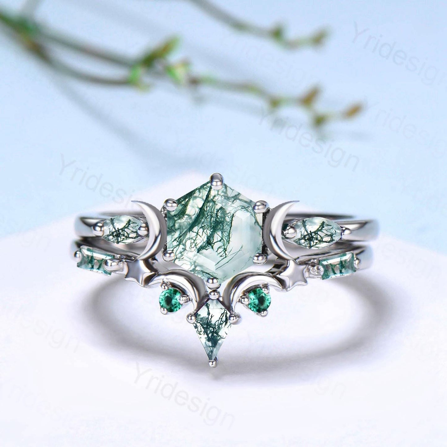 Three Stone Moon Star Moss Agate Ring Set Elegant Hexagon Green Agate Engagement Ring Unique Green Gemstone Wedding Ring Set 2pcs Bridal Set