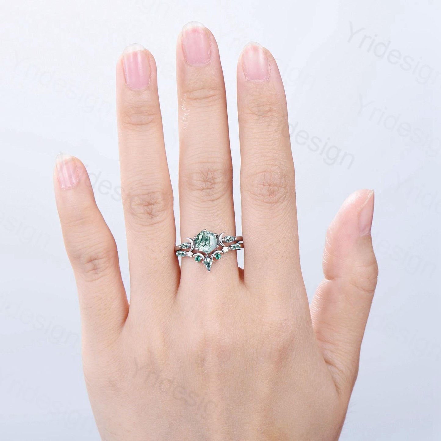 Three Stone Moon Star Moss Agate Ring Set Elegant Hexagon Green Agate Engagement Ring Unique Green Gemstone Wedding Ring Set 2pcs Bridal Set