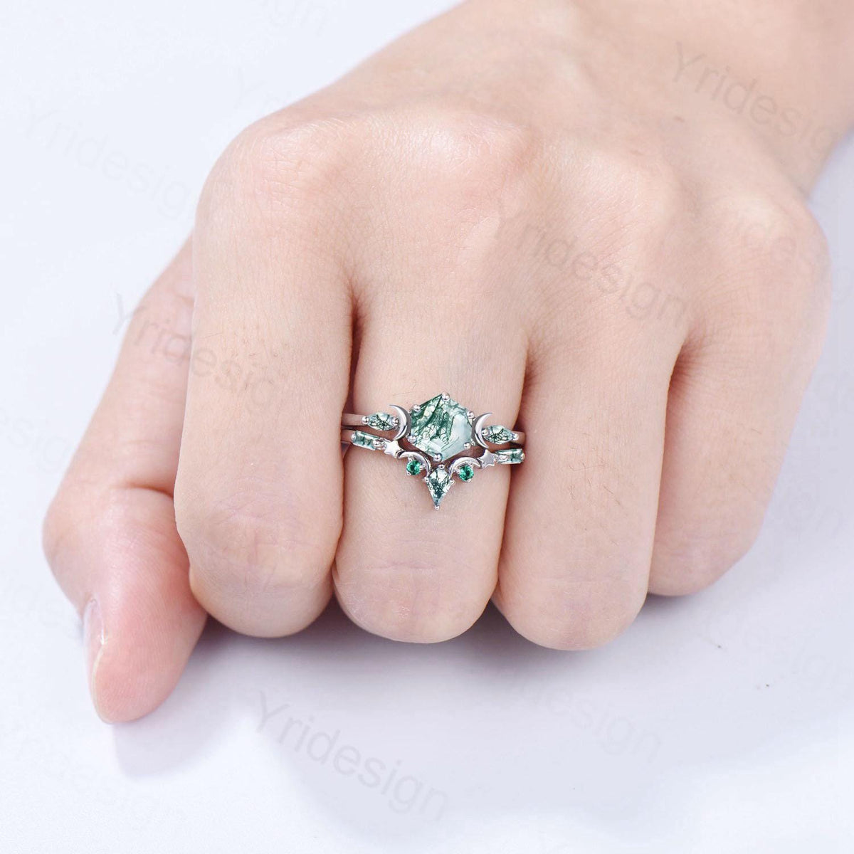 Three Stone Moon Star Moss Agate Ring Set Elegant Hexagon Green Agate Engagement Ring Unique Green Gemstone Wedding Ring Set 2pcs Bridal Set