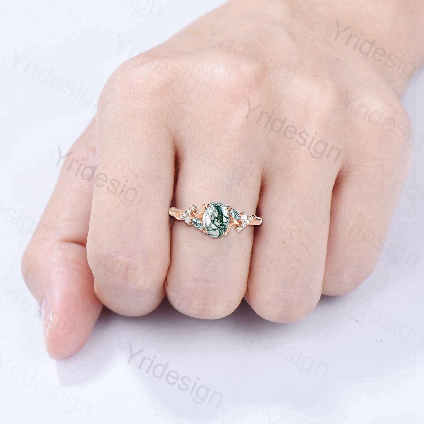 Unique oval cut moon ring, natural green moss agate engagement ring, cluster moissanite wedding ring, perfect moon anniversary promise gift