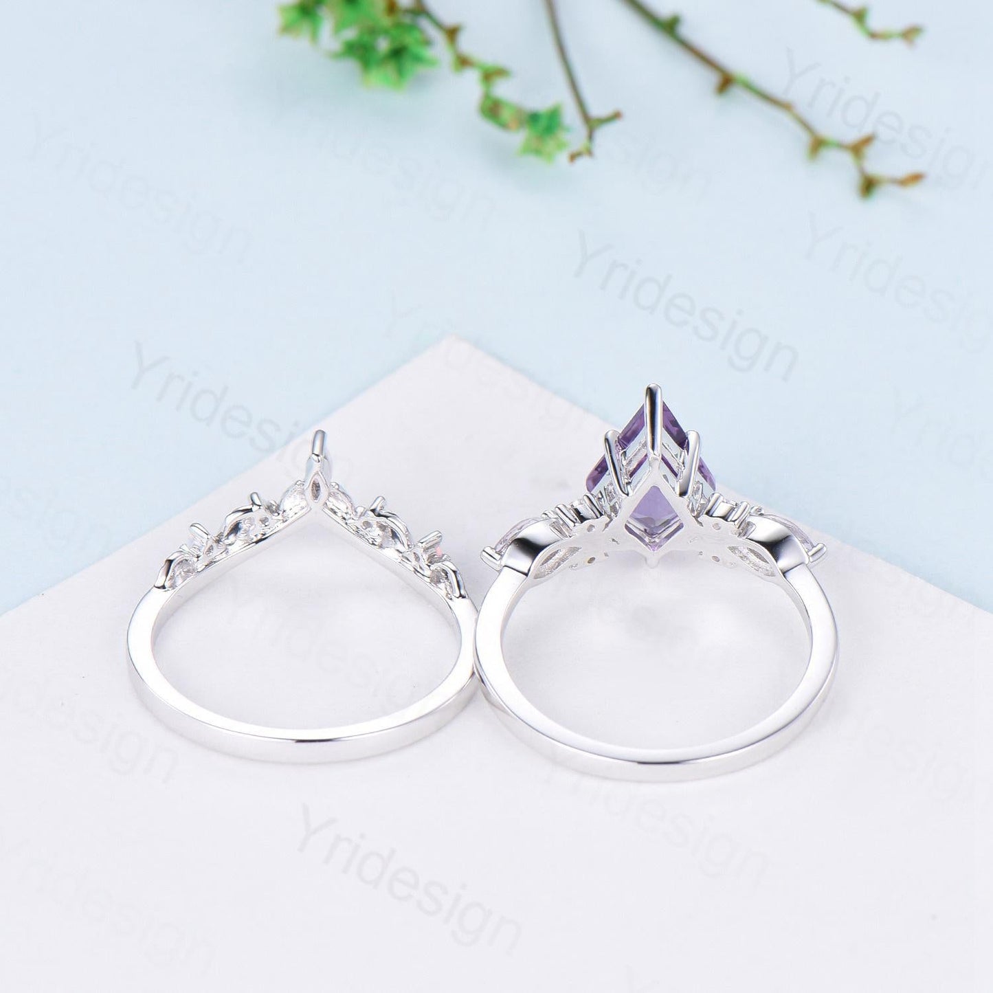 1.5CT Kite Cut Amethyst Ring Set/Engagement Ring Set Women/Marquise Lavender Amethyst Wedding Set/ Opal Leaf Stacking Band/Birthstone Ring