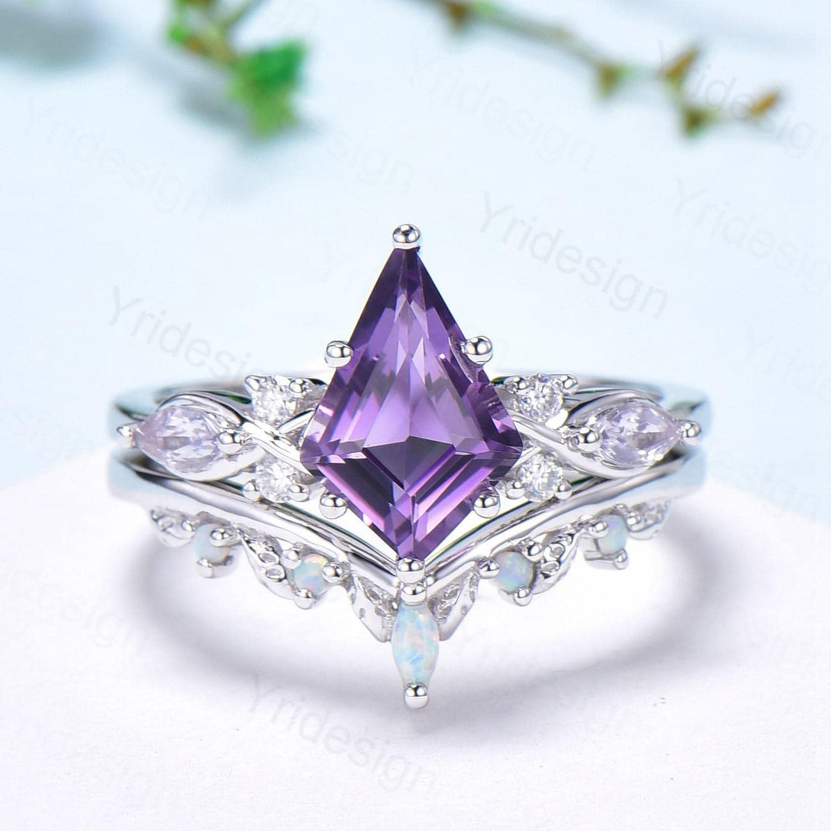 1.5CT Kite Cut Amethyst Ring Set/Engagement Ring Set Women/Marquise Lavender Amethyst Wedding Set/ Opal Leaf Stacking Band/Birthstone Ring