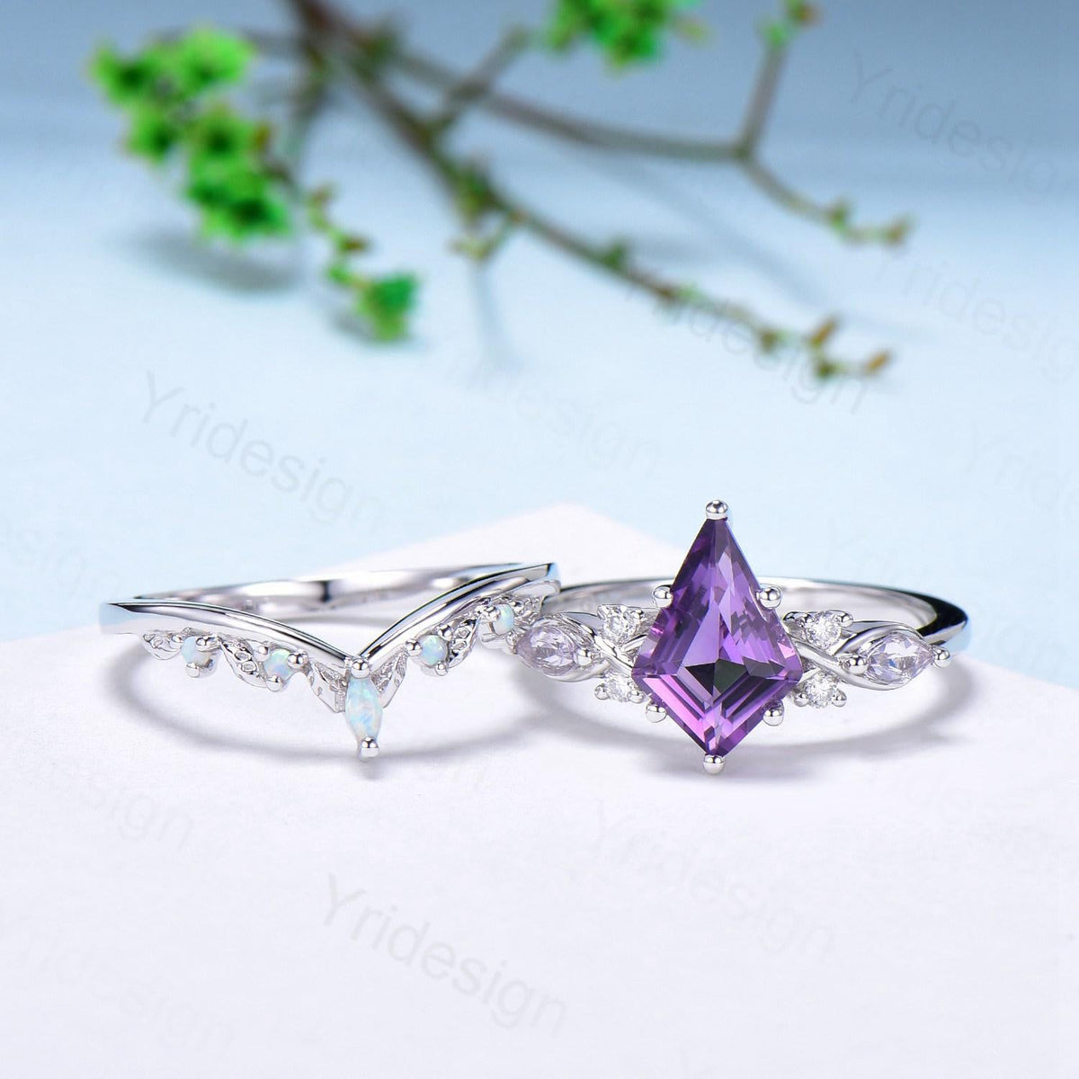 1.5CT Kite Cut Amethyst Ring Set/Engagement Ring Set Women/Marquise Lavender Amethyst Wedding Set/ Opal Leaf Stacking Band/Birthstone Ring