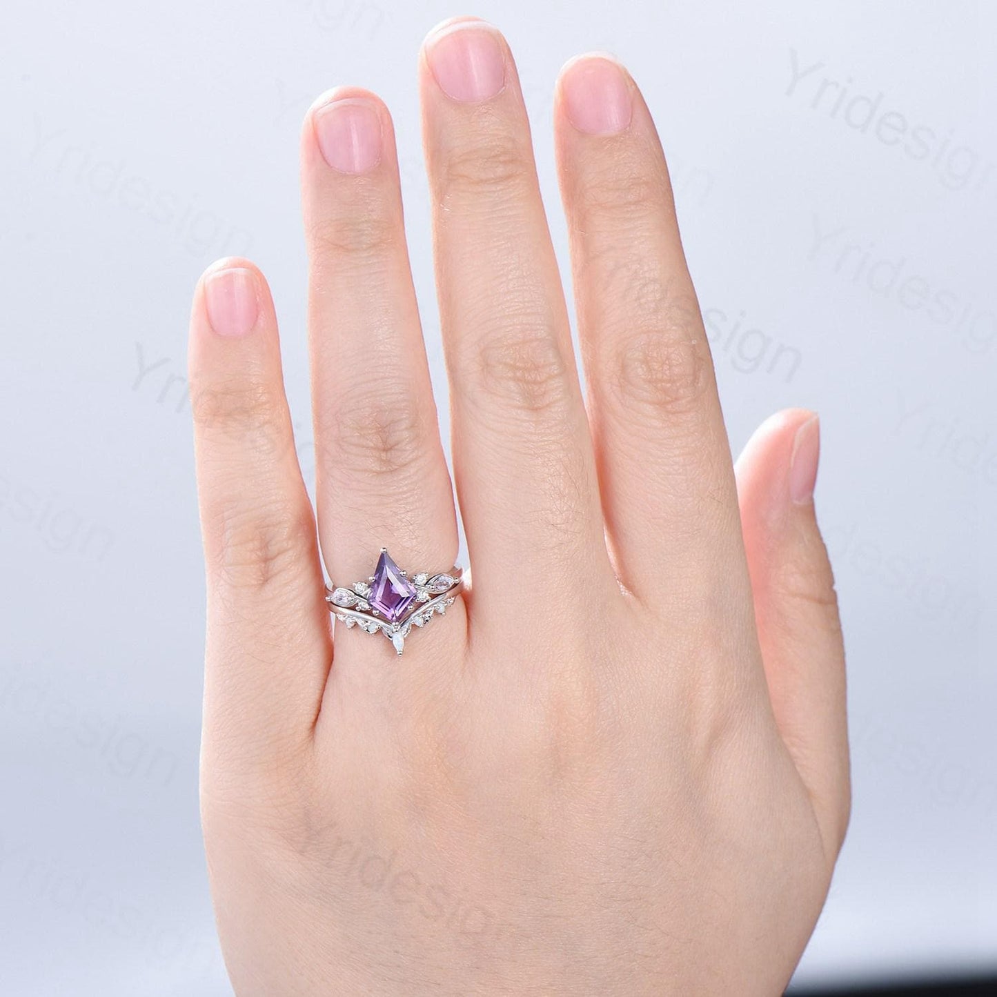 1.5CT Kite Cut Amethyst Ring Set/Engagement Ring Set Women/Marquise Lavender Amethyst Wedding Set/ Opal Leaf Stacking Band/Birthstone Ring