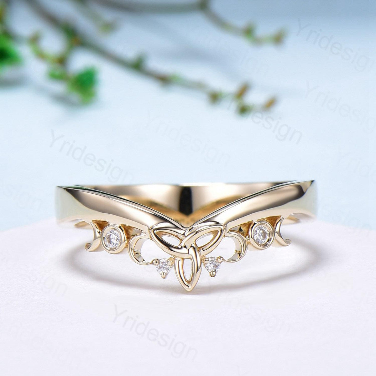 3.5mm Celtic Knot Norse Viking diamond wedding band women 14k yellow gold curved wedding band unique Matching stacking band anniversary ring
